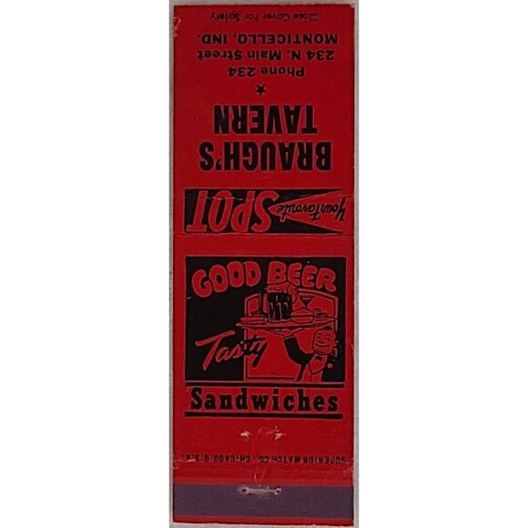 Vintage Matchbook Cover Braugh’s Tavern Monticello IN Indiana Red - Picture 2 of 5